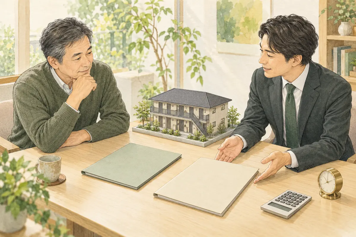 一棟アパートの模型と二つの提案書を前に売却方法を相談するオーナーと担当者