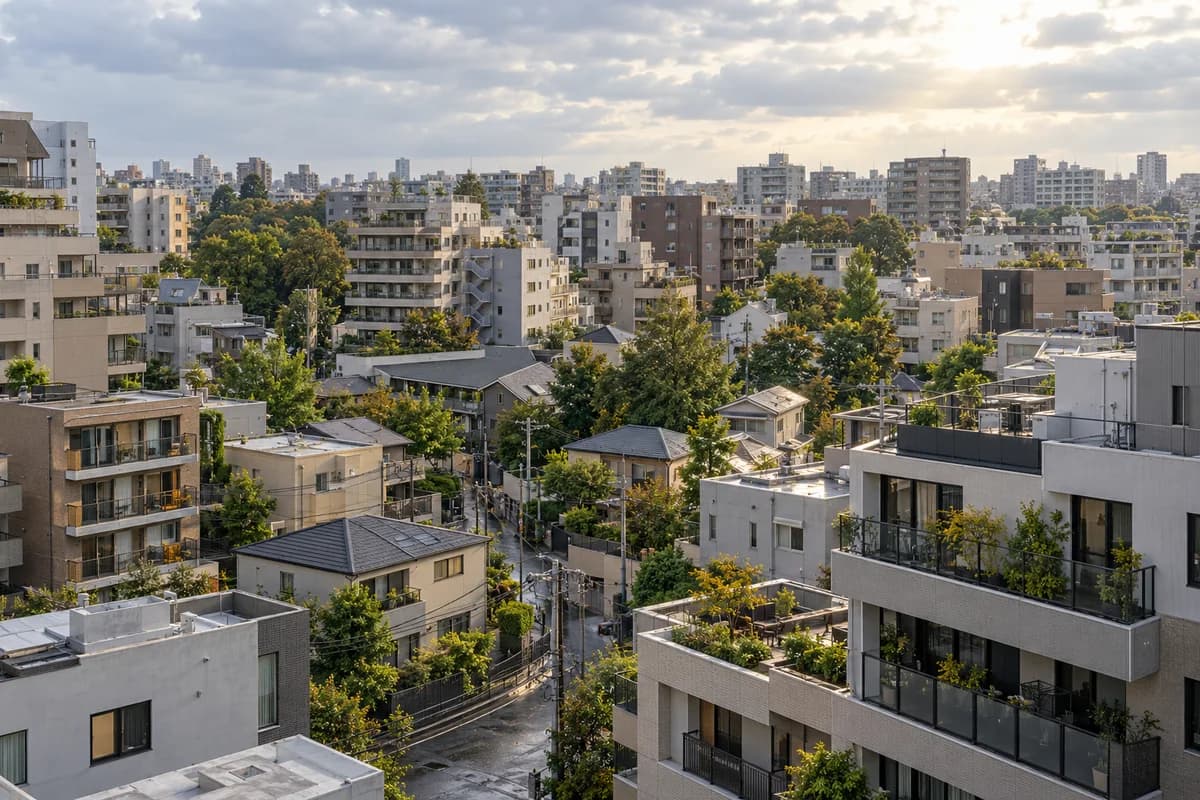 中層の集合住宅と戸建が連なる日本の住宅地を俯瞰した生成イメージ