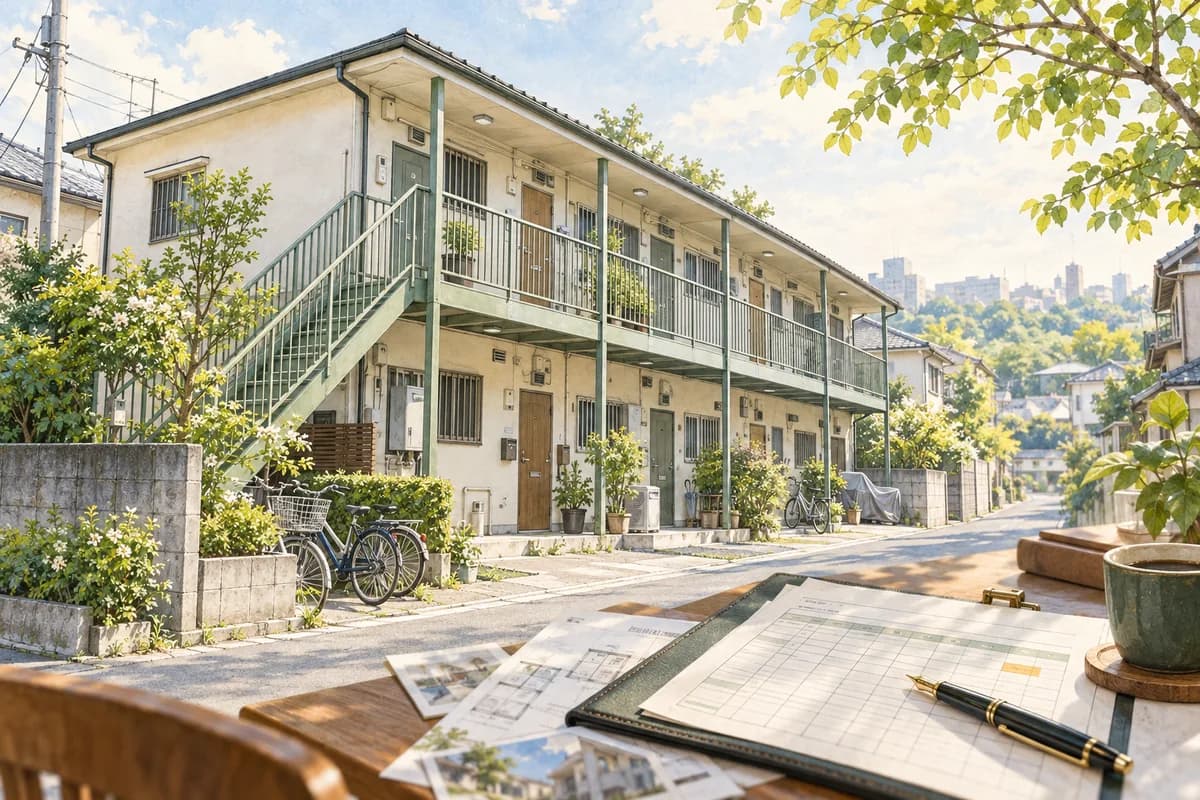 日本の住宅街に建つ二階建ての一棟アパートと手前の家賃入金台帳を描いたイラスト