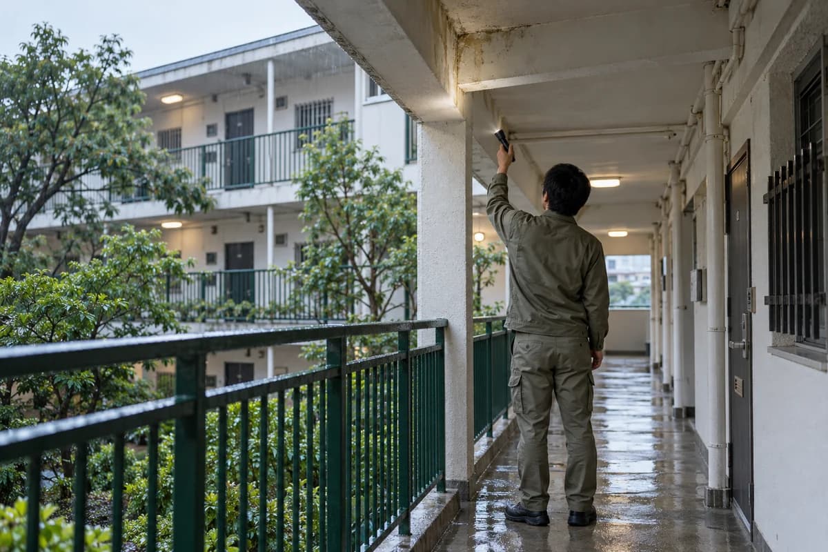 雨上がりの共同住宅の共用廊下で天井付近の状態を確認する点検者の生成イメージ