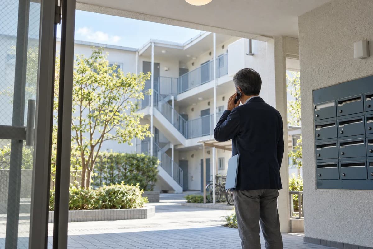 淡い青の資料を手に共同住宅のエントランスで電話をする所有者の生成イメージ
